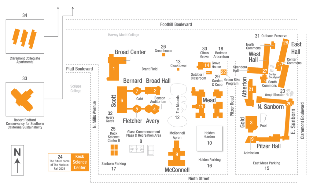 A simplified map of the Pitzer College campus