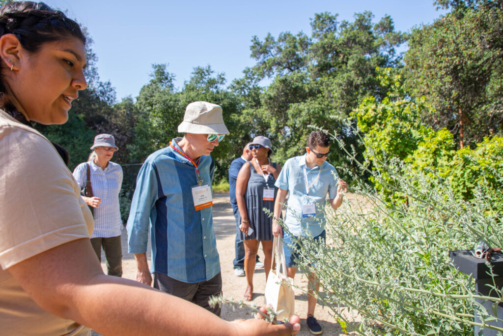 Alumni smell sage plants at the Rbert Redford Conservancy.