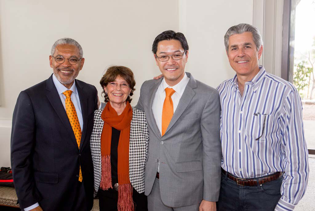 President-designate Melvin L. Oliver, Suzanne Oliver, Interim President Thomas Poon and Board of Trustees Chair Shahan Shahan Soghikian '80.