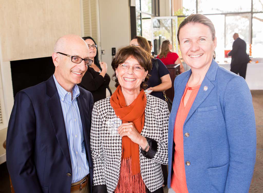 Trustee Donald Gould, Suzanne Oliver and Director of Pomona-Pitzer Athletics Lesley Irvine.