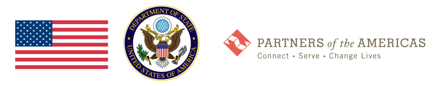 Partners of the Americas logo, State Department logo, US Flag