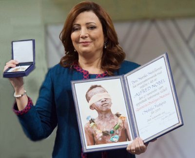 Tunisian businesswoman Ouided Bouchamaoui with Nobel Peace Prize.