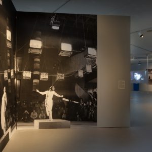 Installation view of enlarged photographic documentation of video performance in 1972 at LACE, Los Angeles.