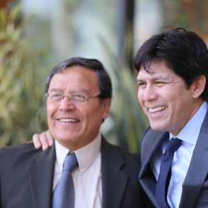 US Senate Candidate Kevin de León '03 with mentor and friend Professor Emeritus of Chicano/a-Latino-a Studies Jose Z. Calderon before the rally.