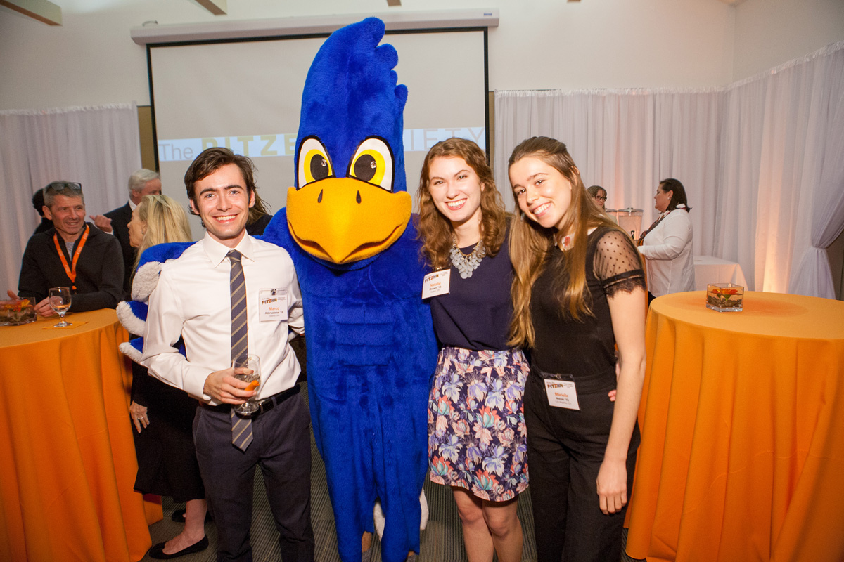 Advancement Fellows and Cecil the Sagehen at the Pitzer Society reception