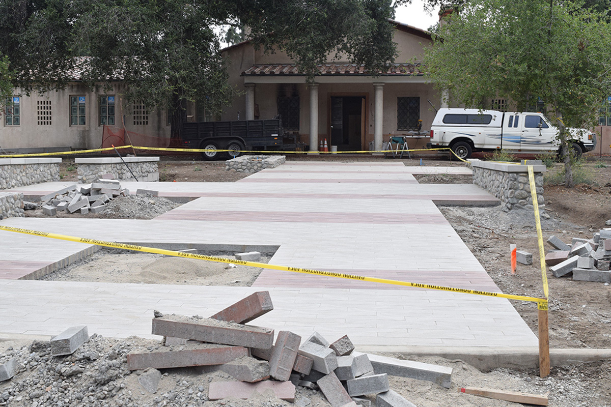 Construction of the front entrance and patio underway.