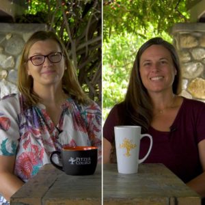 Kristin Williams and Stephanie Hannant sit in Grove House patio with Pitzer mugs on a table.