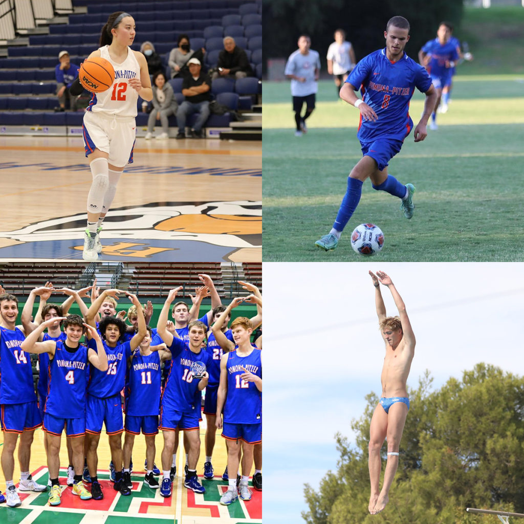 A grid of four photos. Clockwise the order is Madison Quan running on the basketball court, Matthew Carlson running on the soccer field, Ben Willett jumping from a diving board, the men’s basketball team raising their arms in victory.