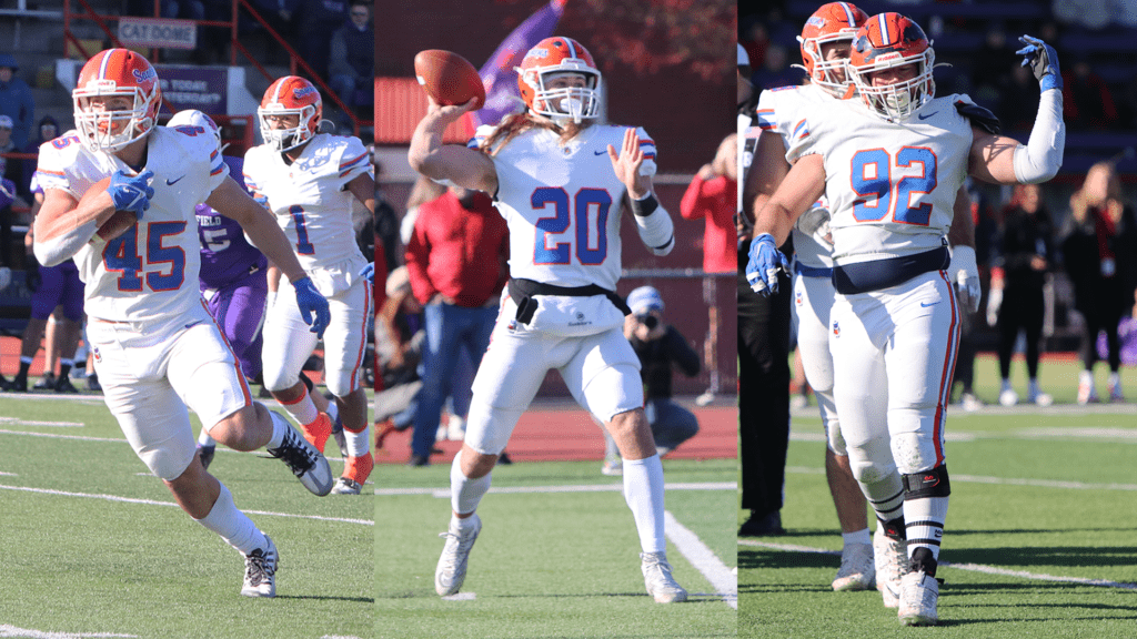 Three different shots of Quinten Wimmer, Skylar Noble, and Nicholas DelBiaggio in action on the field as they wear their white football uniforms with blue numbers and orange helmets. Wimmer runs while holding the football. Noble is poised to throw the football. DelBiaggio raises an arm victoriously while running.