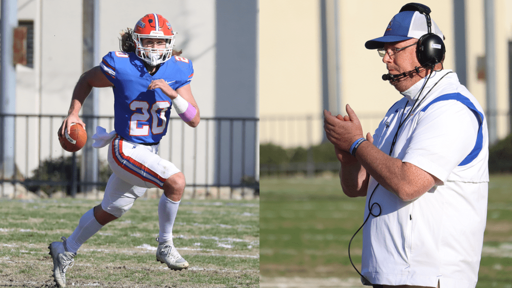 Two photos of Skylar Noble on the left and Coach Walsh on the right. Noble is wearing a blue and white football uniform with an orange helmet while running across the field. Walsh wears a headset, white shirt, and blue and white baseball cap while clapping hands.