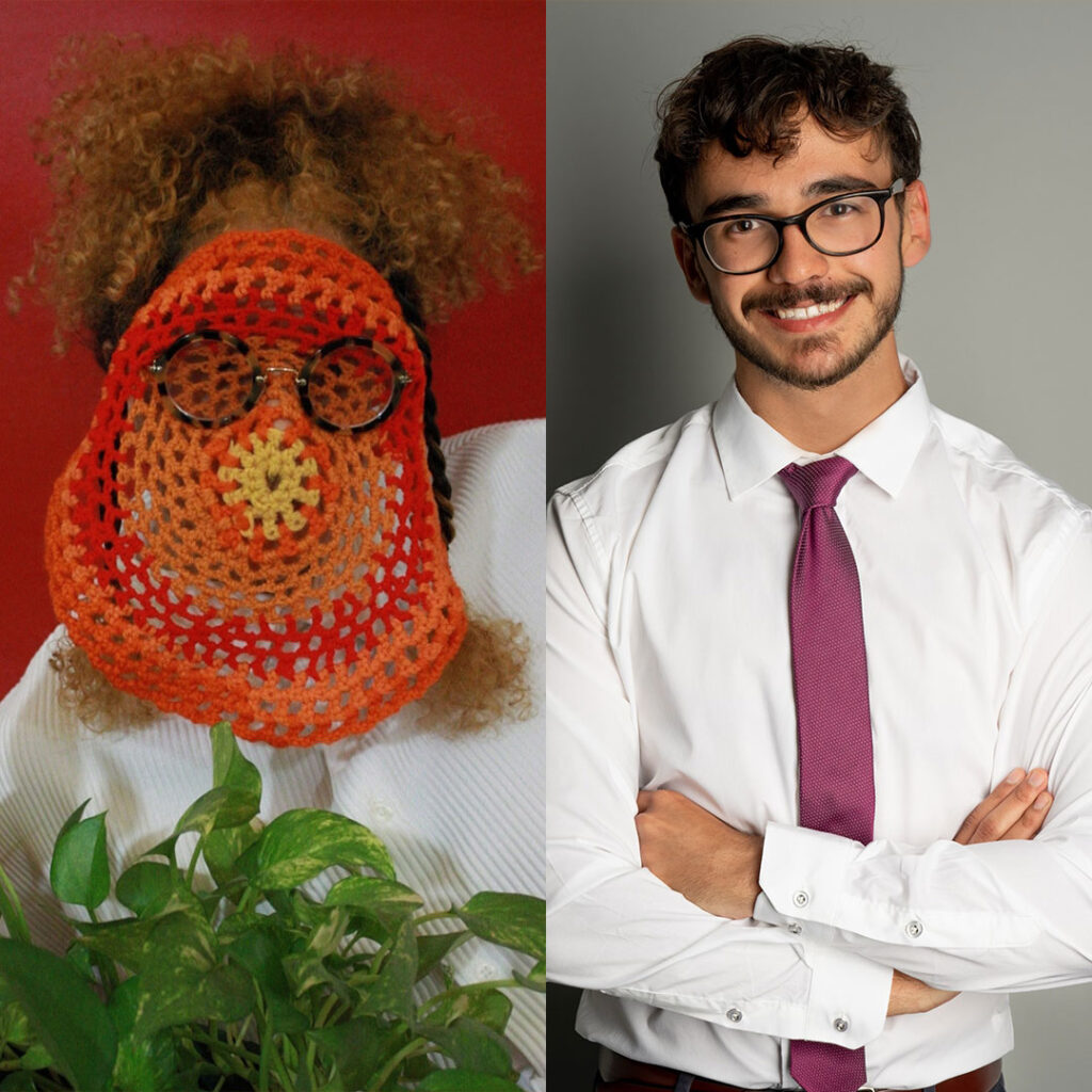 Jaspa Ureña stands behind a leafy green plant and has an orange, red, and yellow crocheted circle and a pair of round black glasses over their face. Ureña has curly light brown hair and wears a white sweater. Diego Borgsdorf Fuenzalida has short wavy dark brown hair and wears a white collared shirt with a purple tie.