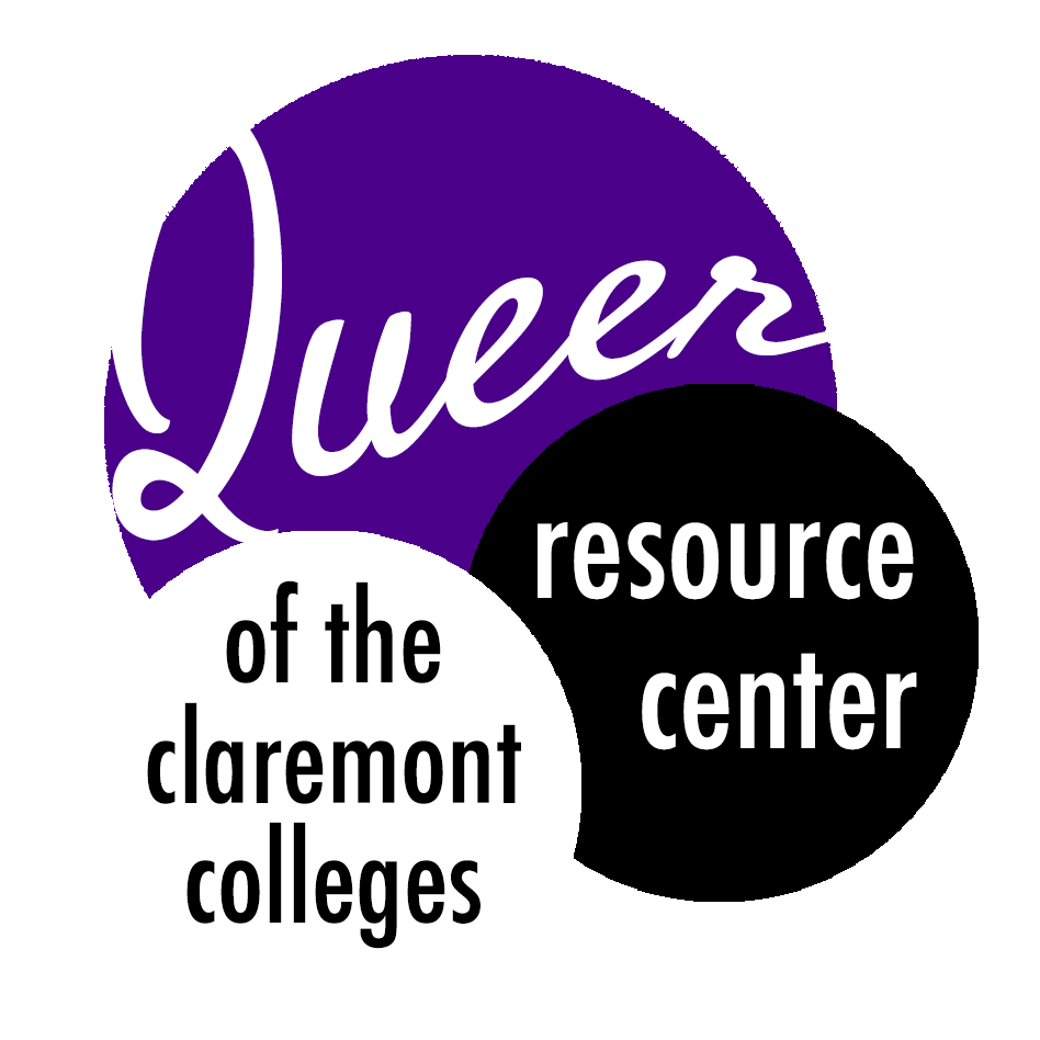 Queer Resource Center of the Claremont Colleges logo of three overlapping purple, black, and white circles. Queer is in the purple circle. Resource center is in the black circle. Of the Claremont Colleges is in the white circle.