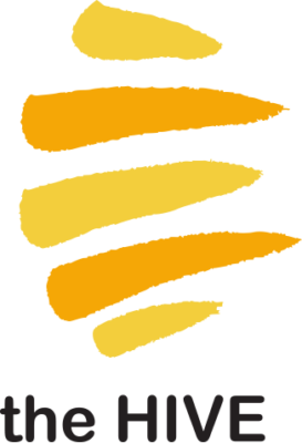 the HIVE logo with five alternating paint strokes in yellow and orange in the approximate shape of a beehive