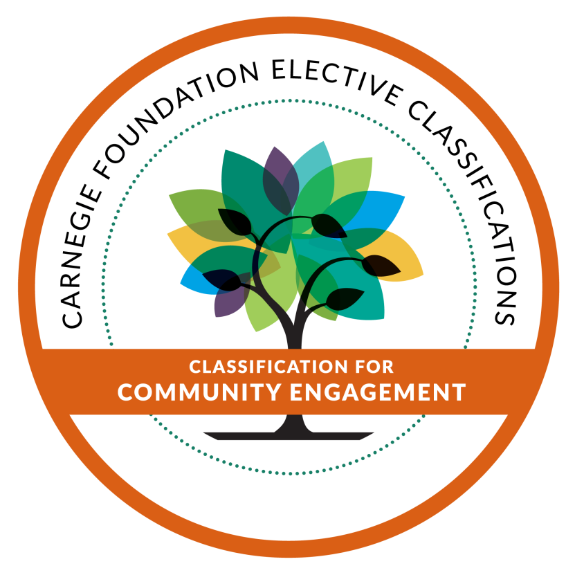 Overlaying a Pitzer campus photo is a circle logo for Carnegie Elective Classifications - Classification for Community Engagement. The logo is ringed in orange and has an illustration of a tree in the center with large blue, teal, green, purple, and yellow leaves.