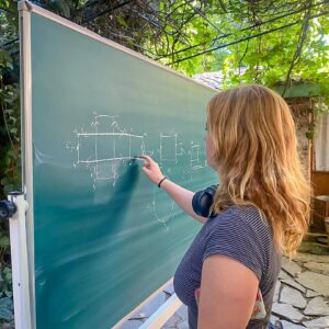 Caro Harwell '24 stands in front of a black board and traces a finger along a diagram drawn on the board. Harwell wears a black and white striped shirt and has long blond hair. Green tree foliage is overhead and in the background.