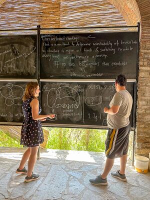 Charlotte Richards stands with an instructor in front of a black chalkboard with various diagrams and writing. Richards has shoulder-length wavy brown hair and wears a dark dress with a pattern of bright multicolored symbols.