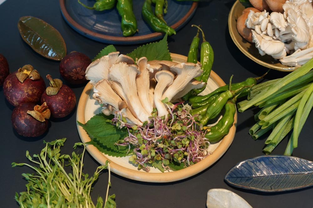 Ceramic plates with mushrooms, long green peppers, and green onions are laid out on a table.
