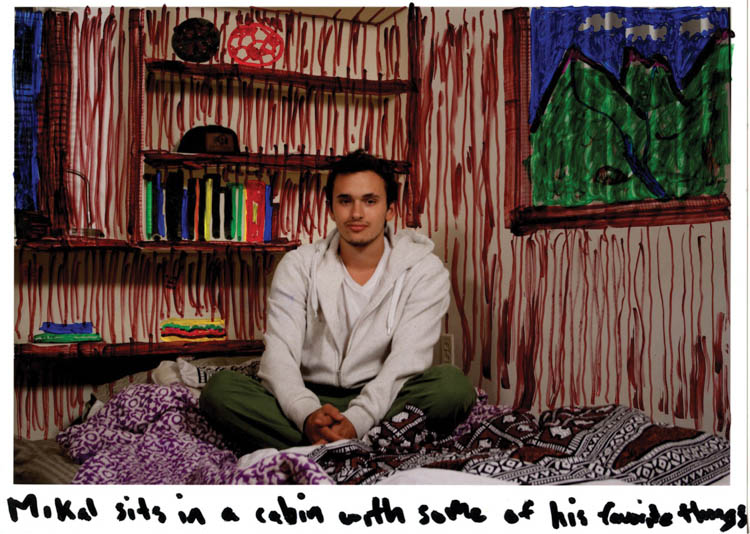 Mikal Sits in a Cabin with Some of His Favorite Things (2012); Colored pen on digital photo print; 8.5” x 11”