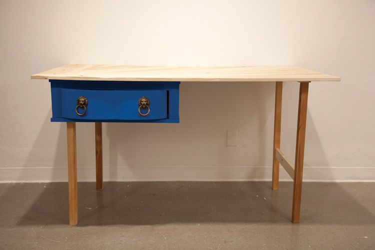 A desk made of Ticky-Tacky (2013); Found wood, hardware; 35” x 57” x 31”