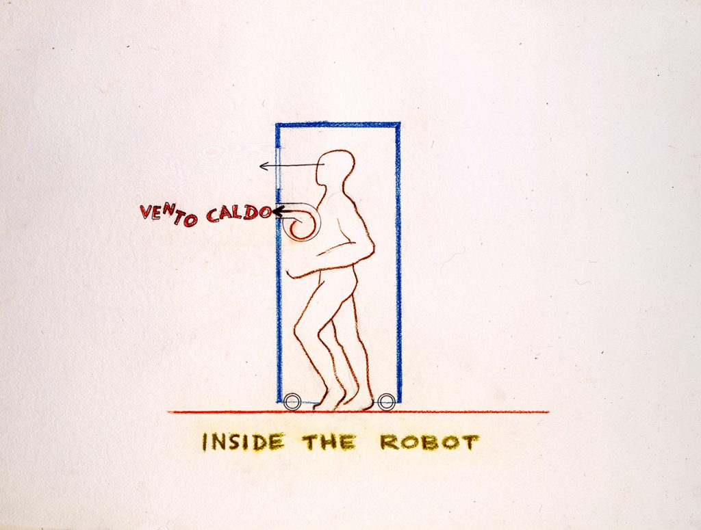 Pencil drawing of Inside the Robot, Juan Downey