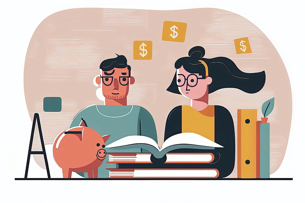 Illustration of two students reading a book