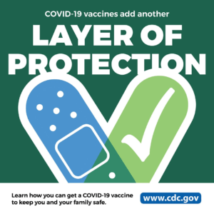 Images reads, COVID-19 vaccines and another layer of protection. Learn how you can get a COVID-19 vaccine to keep you and your family safe. www.cdc.gov