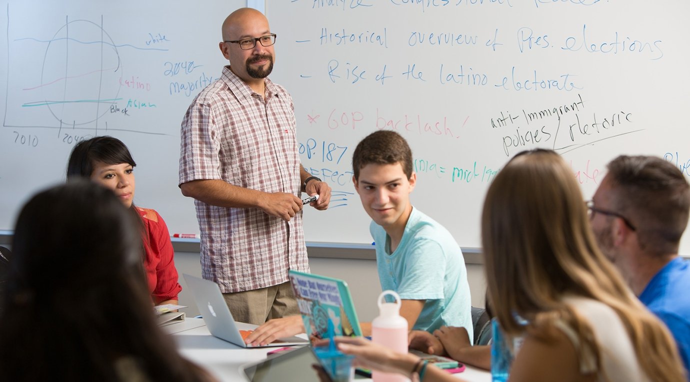 professor adrian pantoja teaches a political studies class