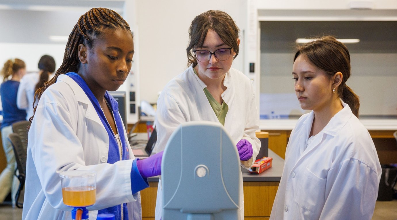 Students perform an experiment in a lab