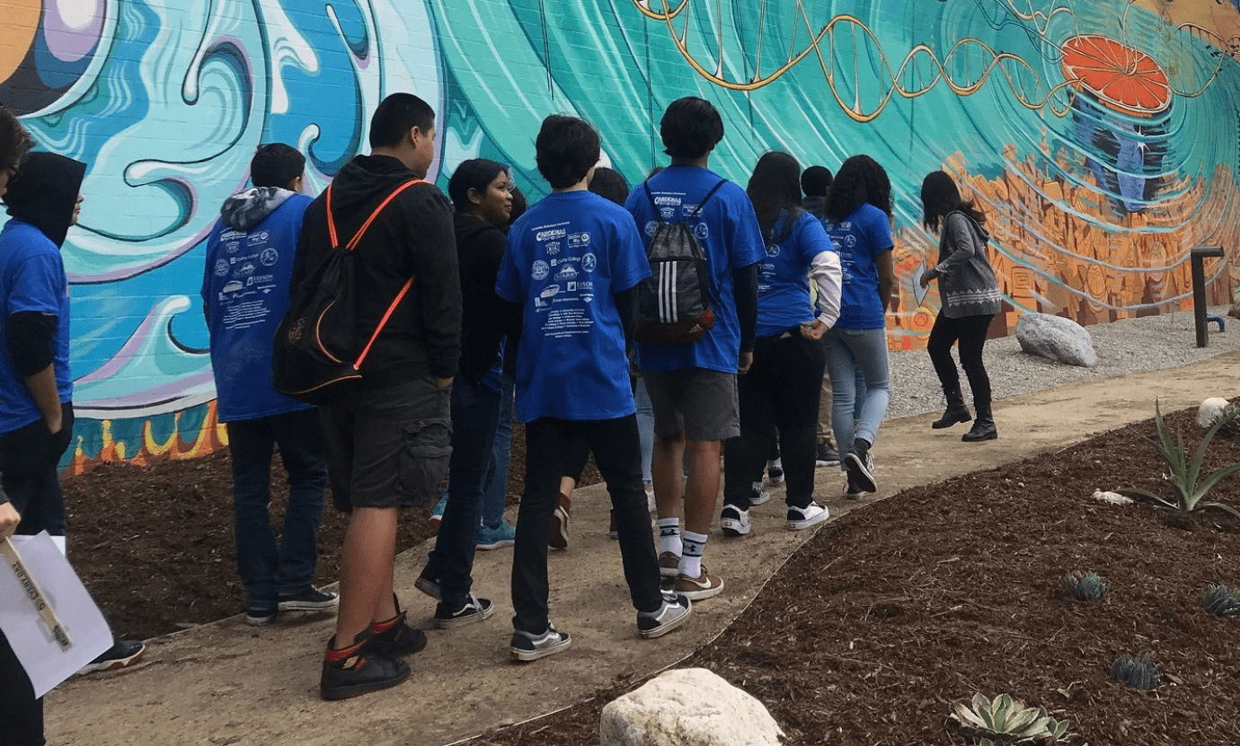 Middle School students on a campus tour during the annual spring Promise Scholars Fieldtrip to Pitzer