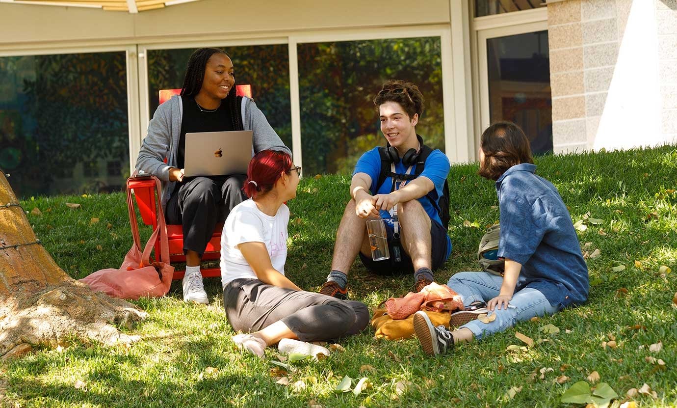 a group of students sit on the mounds chatting