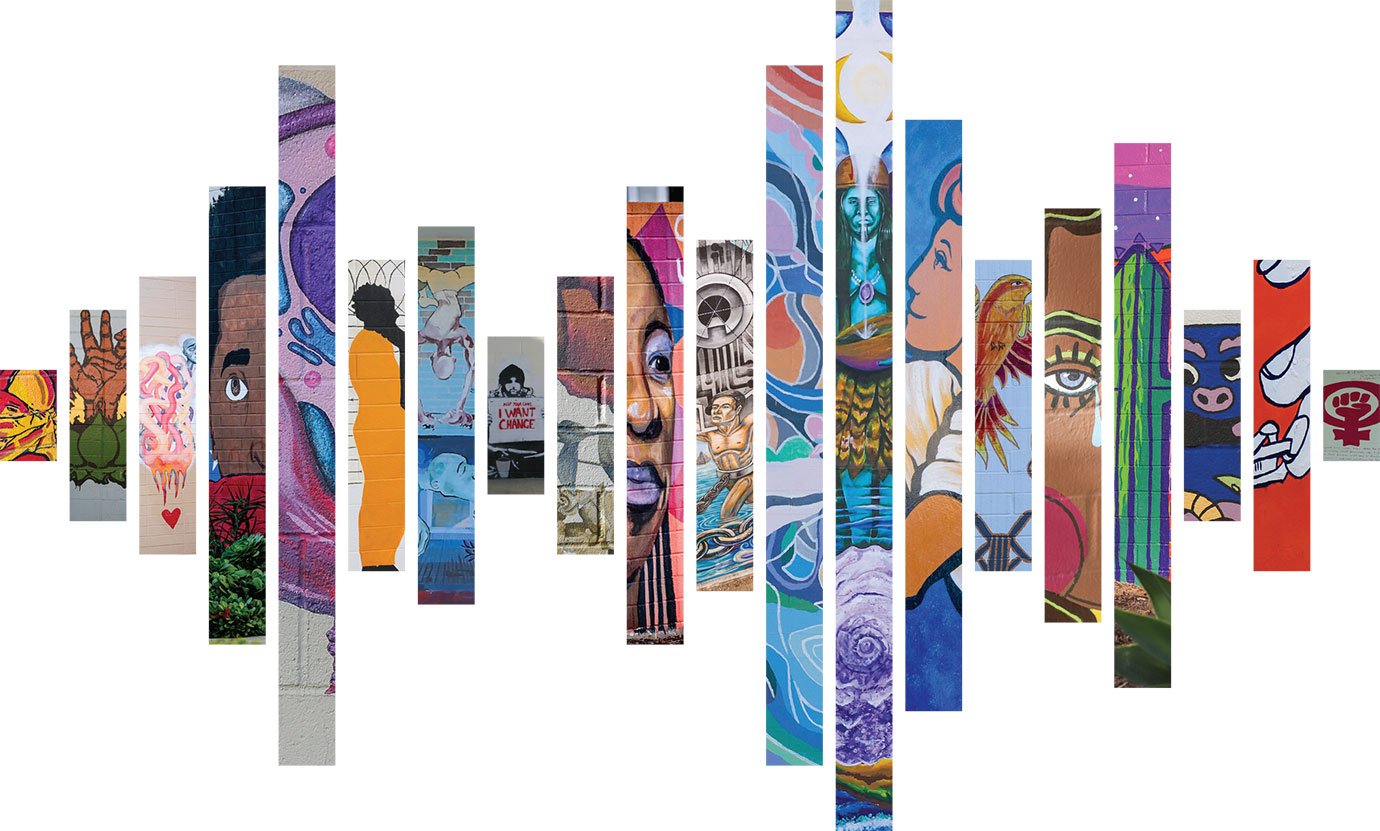 strips of mural details in the shape of a sound wave