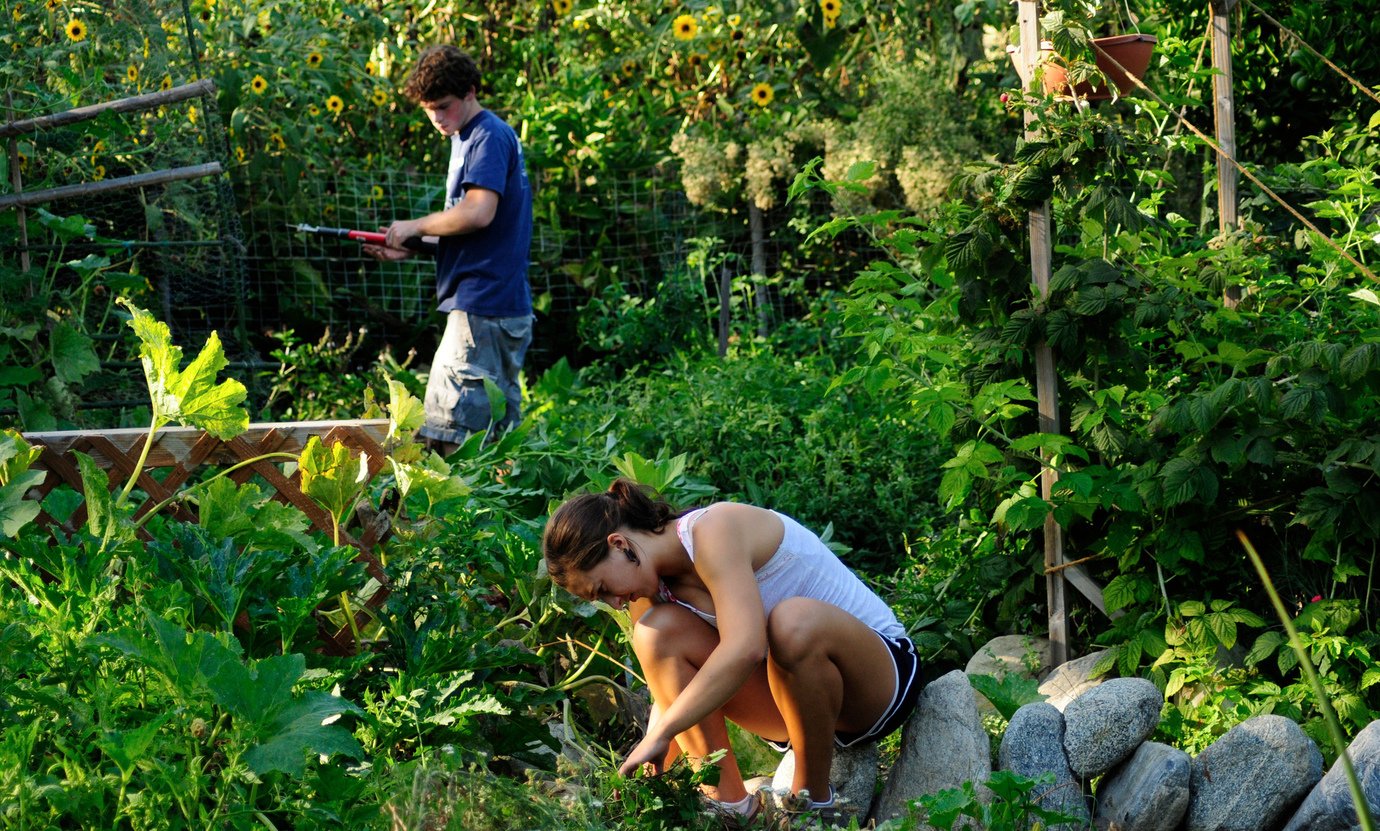 two students work in the pitzer garden