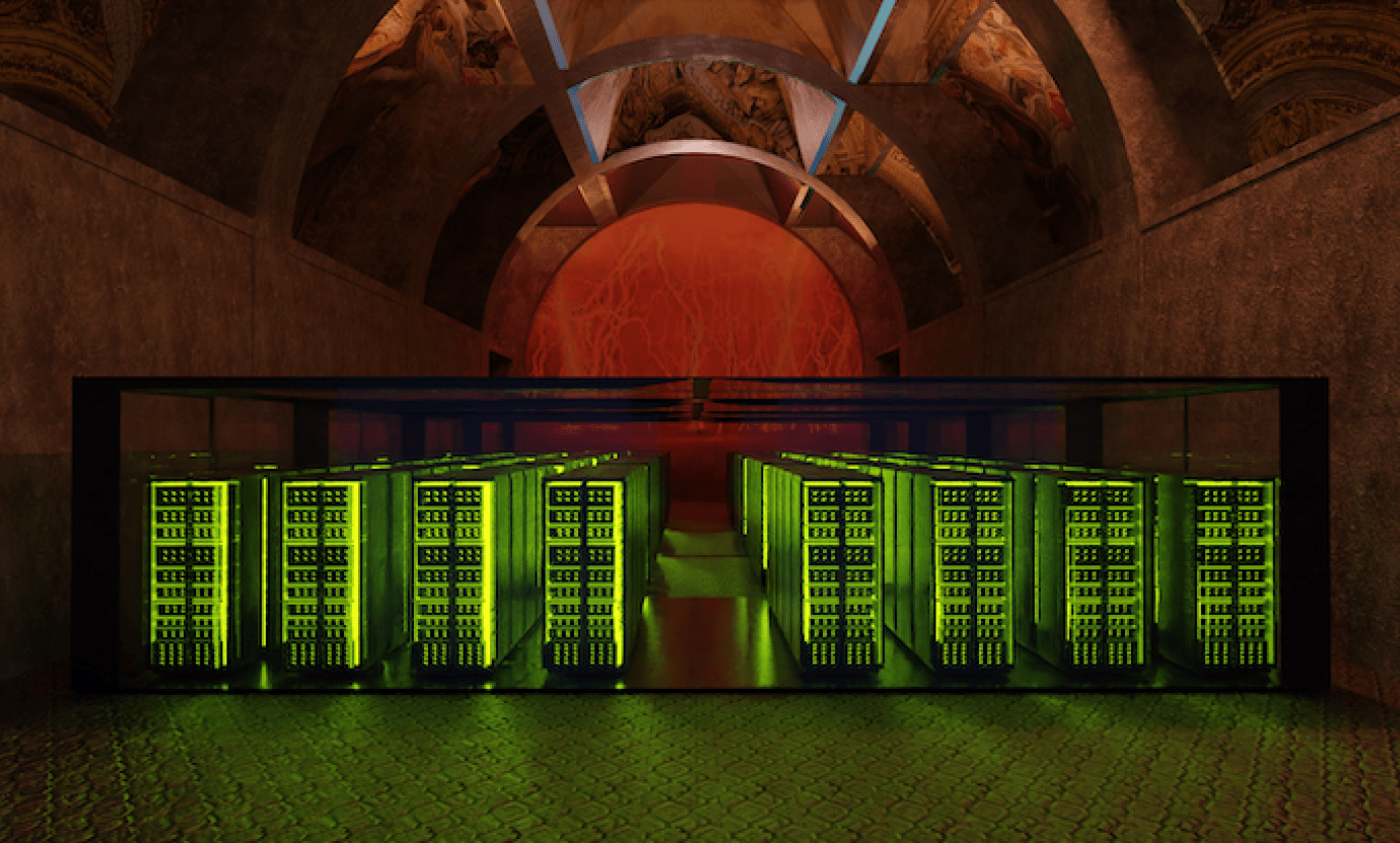 Rows of computer servers glowing green in cavernous space