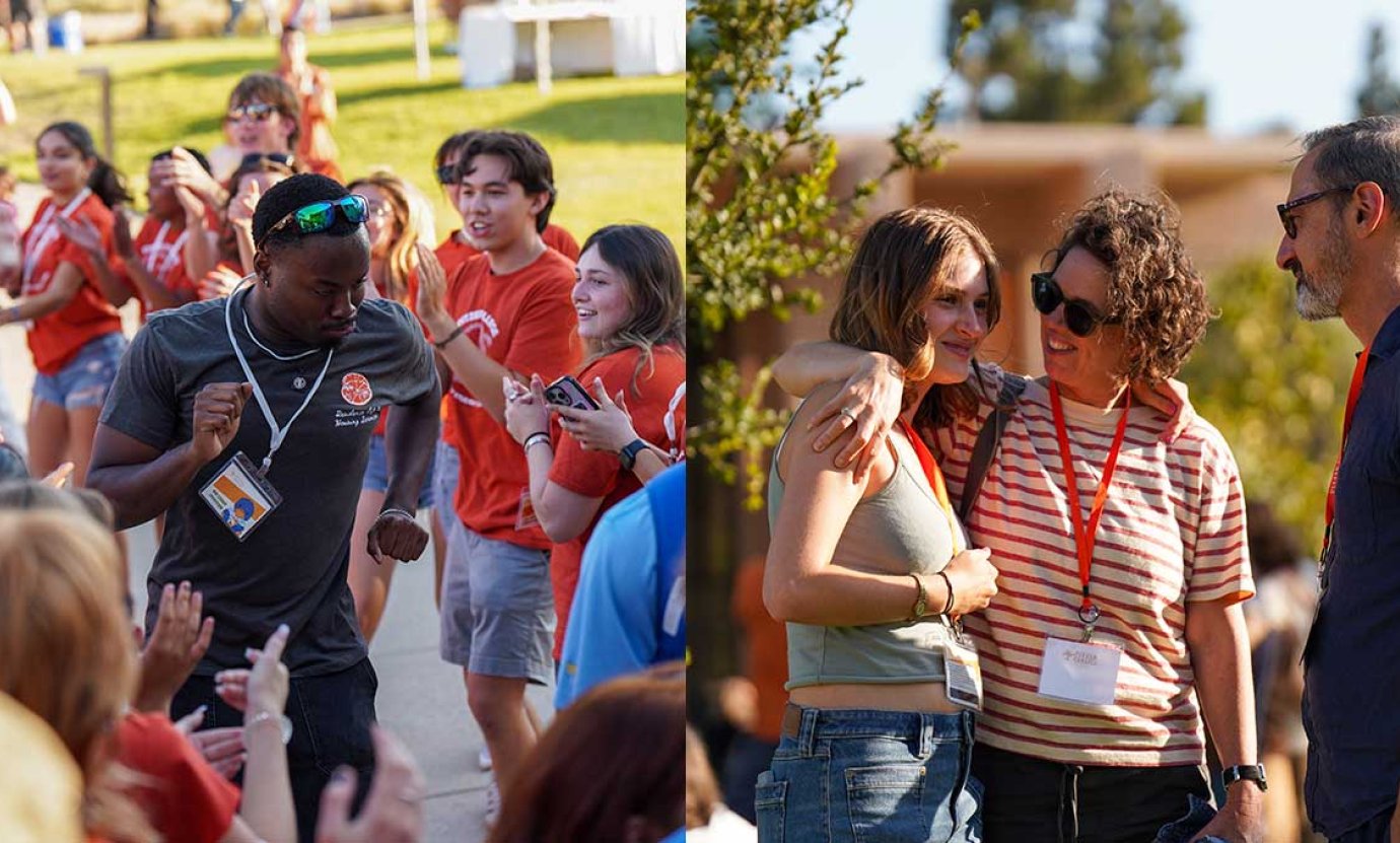 a new student dances down the the welcome line and a student and her family gather on the mounds