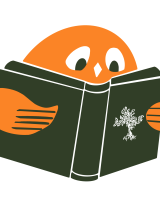ollie the owl reads a book with the Pitzer tree on the cover