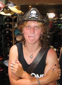Celester Cariker wearing a pirate hat