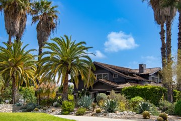 The Grove House seated between palm tress and clear blue skies