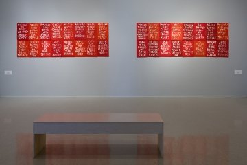 Installation view of Edgar heap of Birds: Defend Sacred Mountains at Pitzer College Art Galleries, January 20–March 29, 2018. Photograph courtesy of Ruben Diaz. 