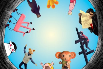 a variety of animated figures look into a tunnel