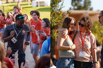 a new student dances down the the welcome line and a student and her family gather on the mounds