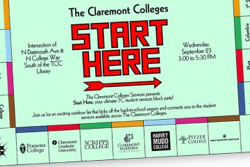 a monopoly board game with the title "Start Here" and the logos of the 7C colleges. Info on flyer included in the body of the page.