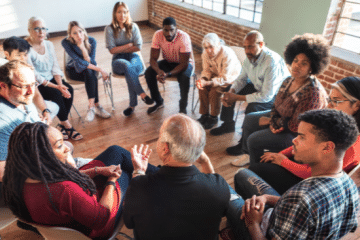 a group of diverse individuals sit in a chair circle during a discussion