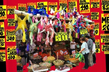 a collage with a red background with yellow sale signs and a photo of a market stall layered on top. 