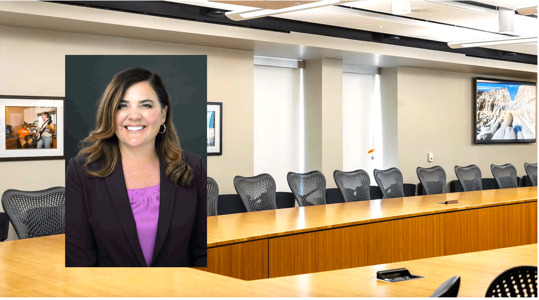 Michele Siqueiros photo inset with Pitzer boardroom
