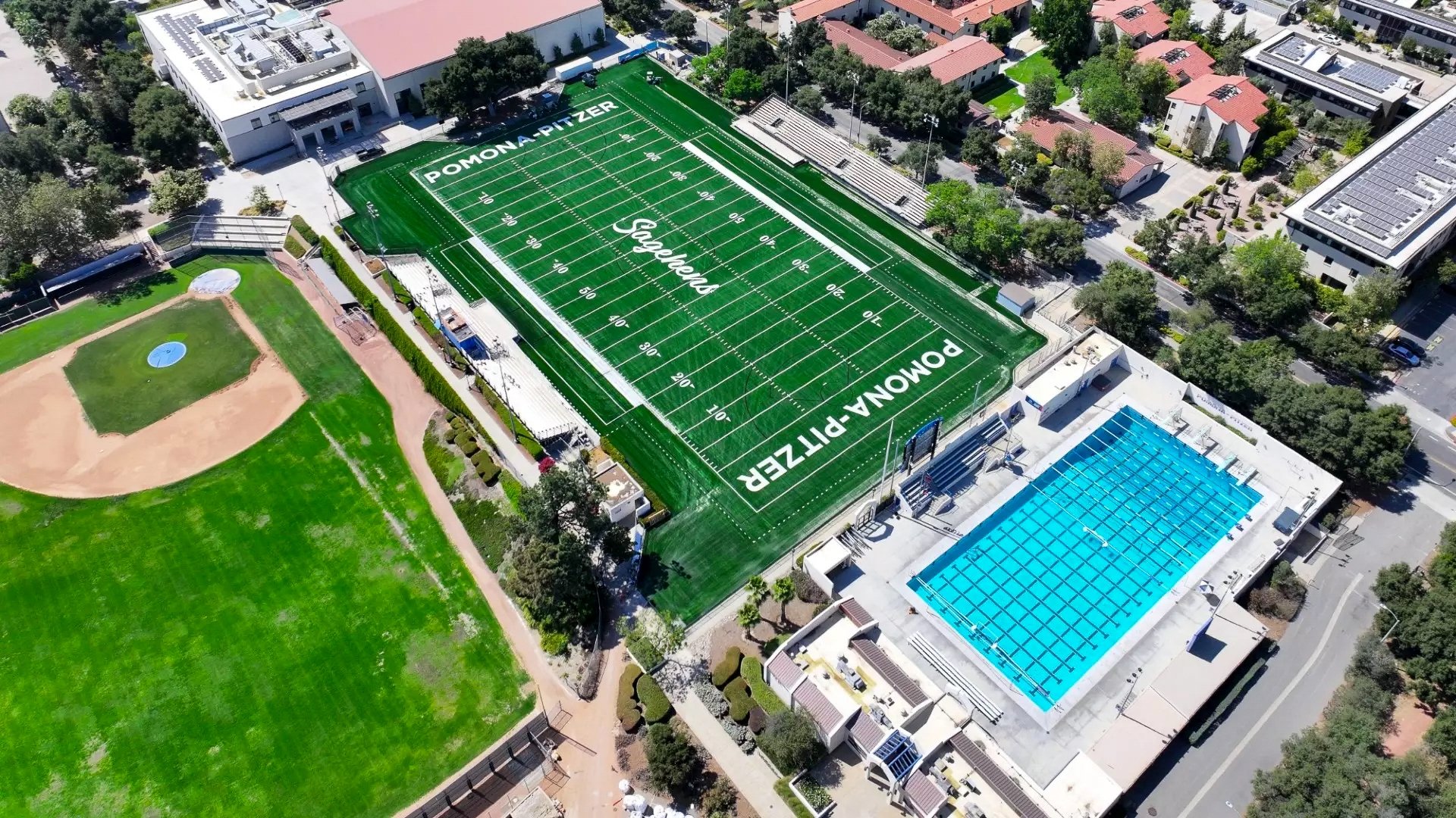 Overhead view of the Pomona-Pitzer football field, baseball field, pool, and athletic facilities.