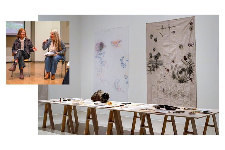 a view of the field studio event with several multidisciplinary works of art superimposed by a shot of two women speaking at a lecture.