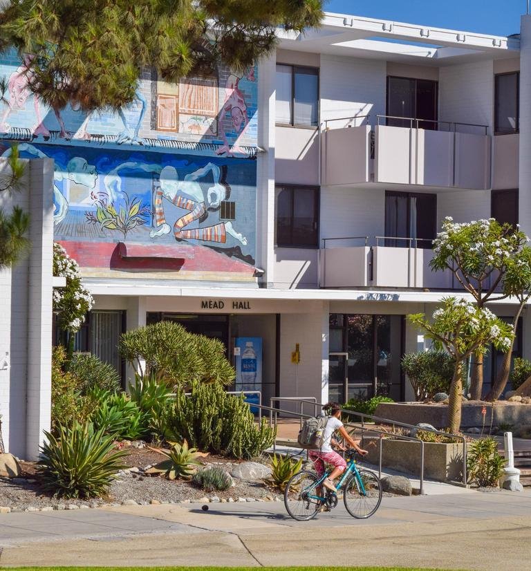 student biking on a path in front of a large, white residence hall featuring a colorful blue, pink, and orange mural surrounded by drought-resistant, desert landscaping 