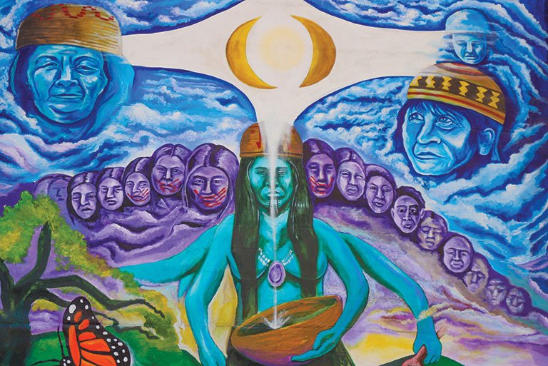 a mural depicting the Tongva story of “No-Moon” and “First-Moon” the twin sisters whose story is used to teach women how to protect and empower each other.