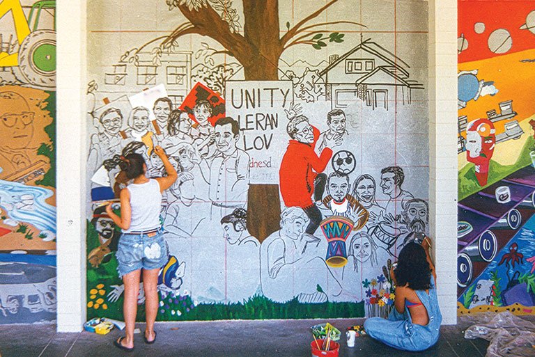 student work on painting the mural "Past, Present, Future" on Avery Hall in 1997.
