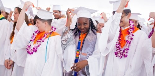 Pitzer students in commencement regalia moving their tassel from the right side to the left side of their cap.
